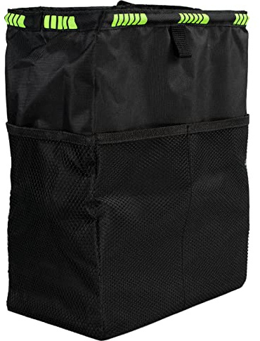 AUTOXBERT Folding Car Rubbish Bin, Hanging Car Trash Bag with Adjustable Straps and Multiple Pockets Portable Waterproof Back Seat Tidy Waste Paper Bin with Warning Strip for Car Van SUV Boat Truck