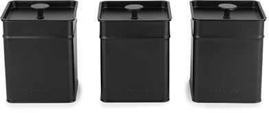 Salter Kuro Kitchen Canister Set, 3 Piece Tea Coffee Sugar Storage | Powder-Coated Carbon Steel, Matte Black Finish, Tight-Fitting Lids, Easy Wipe Clean, Countertop Cupboard Organisation