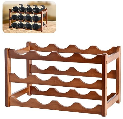 Qivine Casier à Vin Range Bouteilles Horizontal, Casier à Vin Empilable Rangement à Vin à 3 Niveaux pour 12 Bouteilles, Cave à Vin Modulable en Bambou Naturel, 43×23,5×25 cm
