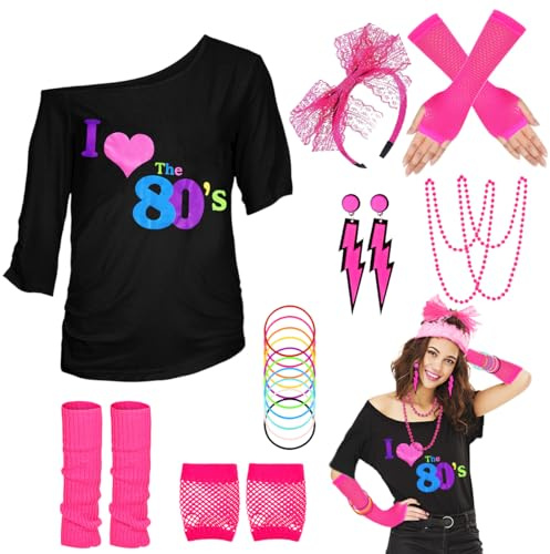 80er 90er Jahre Outfit Damen, T-Shirt, Beinwärmer Stirnband, Ohrring, Halskette, Netzhandschuhe, 80er 90er Jahre Kostüm Mottoparty Accessoires Kleidung Neon Party Karneval Fasching JD-80SLove-Pink-XS