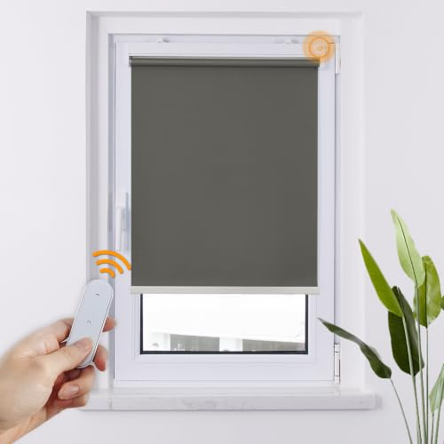 HOMEDEMO M100 Elektrische Rollos Verdunkelungsrollo mit Motor & Fernbedienung, Dunkelgrau 75x100cm(BxH), Smart Rollo ohne Bohren klemmfix & mit Bohren, Sonnenschutz Sichtschutz Rollo für Fenster