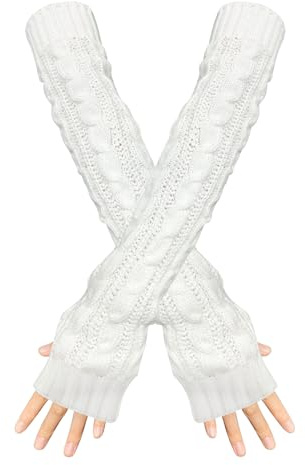 Feelorna Arm Sleeve Winter Warmer, Fingerless Stretchy Gloves Knitted Long Arm Warmers with Thumb Hole for Women (White)