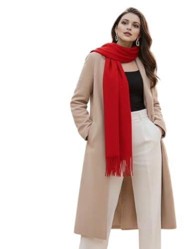 LA FERANI Damen Kaschmir Schal dünn Herbst Winter 200x70 Rot leixht Kaschmirschal extra geschmeidig formelle Anlässe stillvoll einfarbig klassisch Uni Farbe Damenschal Geschenk für Sie (Rot)