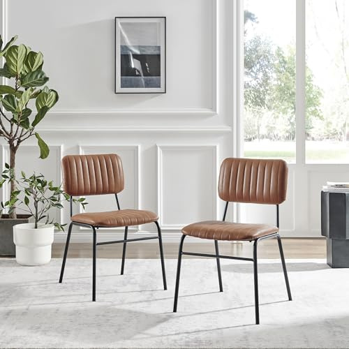 Furniturebox UK 2x Dining Chairs - Delta Tan Brown Faux Leather Upholstered Dining Chairs Black Legs - Modern Mid Century Style - Contemporary Kitchen Furniture (Set of 2)