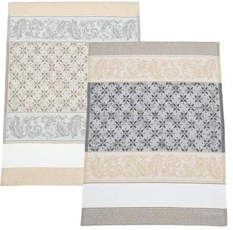 Filet - Set di 2 Canovacci per Cucina in Jacquard con Inserto in Tela Aida 55 Fori da Ricamare, Ideali per Asciugare le Stoviglie, Made in Italy, Disegno Arabesco, Colore Nero e Corda