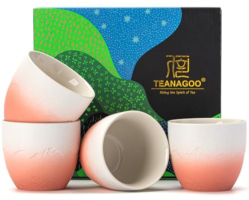TEANAGOO Japanische Keramik-Teetassen 5,6 Oz/160ml, Farbverlauf in Rosa und Weiß, H25, 4 Stück/Box, Japanische und Chinesische Teetassen, Handlose Asiatische Teetassen