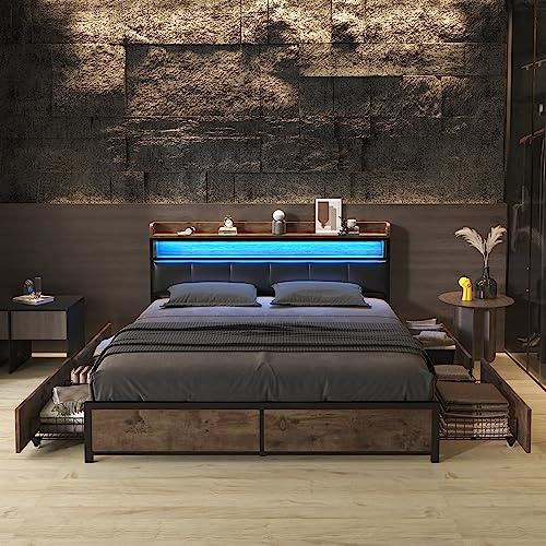 Dolamaní Metallbett 180x200 cm mit Bettgestell & Lattenrost Metall, Bett mit 4 Schubladen, Tragfähigkeit 300 kg, Doppelbett mit Polster Kopfteil & Regal, für Erwachsene & Jugendliche, Schwarz