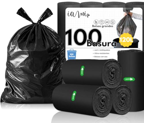 IAMI Bolsas de Basura 120 L 85x105 cm | 10 Rollos de 10 uds Negras | Polietileno de baja densidad reforzado | Sistema antigoteo | Extremos reforzados | Uso interior y exterior