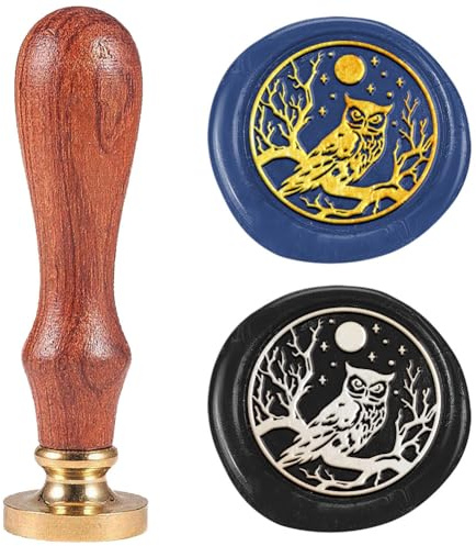 DELORIGIN Siegelstempel Aus Wachs Mit Eulenmotiv 25mm Abnehmbarer Siegelstempel Mit Messingkopf Und Holzgriff Für Halloween Weihnachten Umschläge Einladungen Geschenkverpackungen