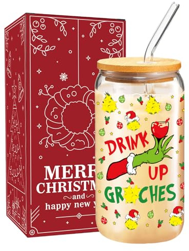 Divertida taza de vidrio de Navidad, tazas de café helado de Navidad de 16 onzas con tapas y popotes, vaso de vidrio para beber cerveza navideña, suministros para fiestas, regalos de elefante blanco