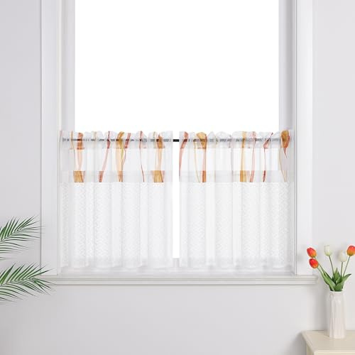 Joyswahl Scheibengardinen im Landhausstil Weiß Cáfe Gardinen Set Transparent Bistrogardinen Wohnzimmer Küchengardinen mit Spitze und Voile Orange HxB 45x90cm 2 stück