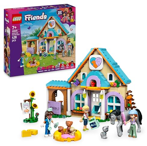LEGO Friends Veterinärklinik för hästar och husdjur Leksak för låtsaslek för barn, Present till flickor och pojkar från 7 år, 3 minidockor och 5 djurfigurer, Byggset för fantasifullt berättande 42651