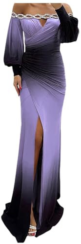 Robe de soirée élégante pour femme - Couleur contrastée - Mode - Taille haute - Manches longues - Robe de soirée sexy - Épaules dénudées - Robe longue - Grandes tailles - Festive, lilas, S