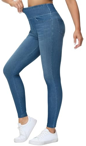 THE GYM PEOPLE Women's Stretchy High Waisted Skinny Jeans Ladies Tummy Control Jeggings Leggings with Pockets,Denim Blue,L