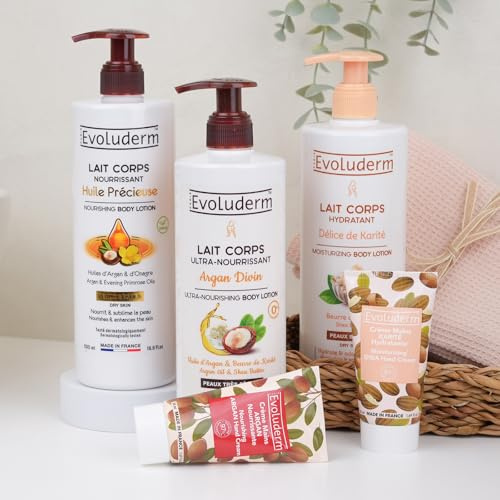 EVOLUDERM - 3 Körpermilch 500 ml + 2 Handcremes gratis – Körpermilch mit wertvollem Öl – Argan – Shea – natürliche Inhaltsstoffe – hergestellt in Frankreich
