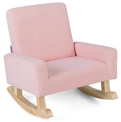 MAT EXPERT Kids Sofa, Upholstered Toddler Rocking Chair w/Solid Wood Base, Linen Fabric & Anti-Tip Device, Comfy Children Furniture, Armchair for Nursery Playroom Preschool, Boys & Girls Gift (Pink)