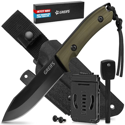 GREIFS® Outdoor-Messer aus D2 Stahl mit Kydex Holster und Feuerstahl, edles Survival Messer für die Bushcraft Ausrüstung, Jagdmesser, Schnitzmesser, Fahrtenmesser (Milan/Olivgrün)