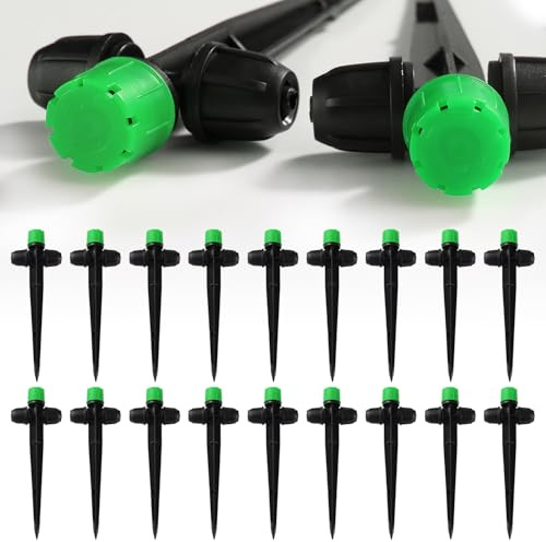 VooGenzek 18 PCS Adjustable 360 Degree Water Flow Drippers, 8 Hole Drip Emitters with Lock Barbed for 1/4 Inch Tubing, Drip Irrigation Emitter Sprayer with Stake, for Garden Irrigation System, Green