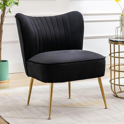 Ya-Home Velvet Accent Chair Occasional Tub Chair with Golden Metal Legs Upholstered Wingback Corner Chair for Living room, Black