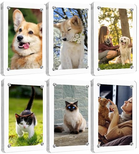 PAIKIUU 6 Pack Acrylic Picture Frame 4 x 6 inch, Acrylic Photo Block Clear Double Sided Magnetic Picture Frame Block Frameless Picture Display Magnet Picture Frames for Fridge Thickness 2MM