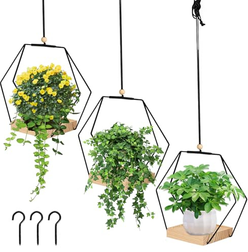 PORFOYO 3 Fioriere da Appendere Interno, Vaso da Fiori da Appendere con Base in Legno, Anello in Metallo, Gancio da Soffitto, Vaso da Piante Sospese, Nero, 23x17cm