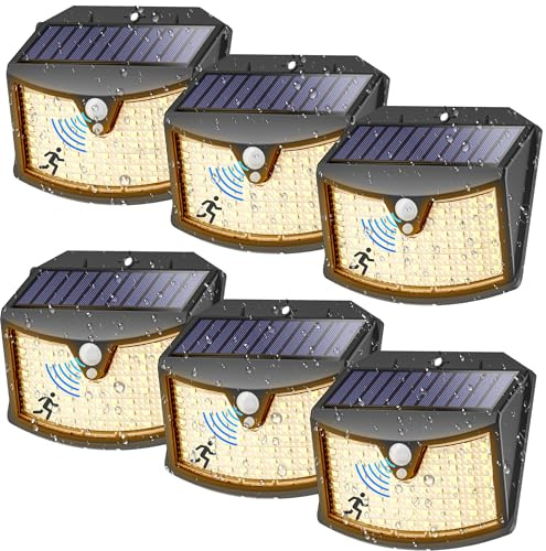 Giliwosy Luce Solare Led Esterno, 3 Modos IP65 Impermeabile Faretto LED da Esterno con Sensore di Movimento, Lampada Solare da Esterno per Giardino, Parete, Garage (6 Pezzi Bianco Caldo)