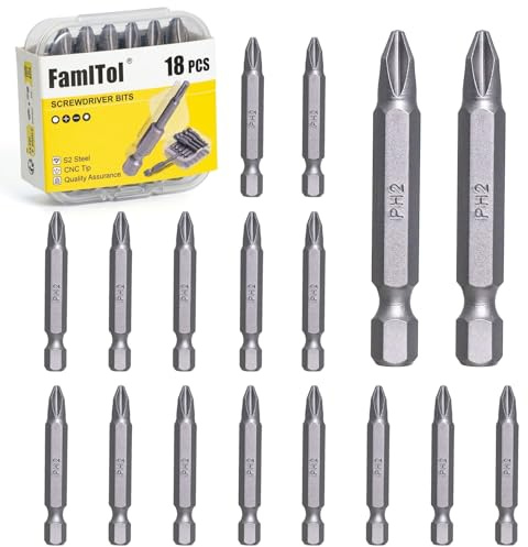 FamlTol Puntas Atornillador, Puntas Destornillador, Acero Aleado Broca Cruzada Para Construcción, Carpintería y Accesorios De herramientas de perforación automotriz | 18 piezas | PH2 x 50 mm