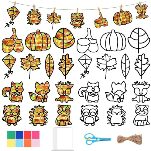 Tulov 13 Stück Herbst Bastelset Kinder Set– DIY Basteln mit Blätterdeko, Kränzen & Fensterbildern, Kreativset für Herbstdeko, Erntedank, Halloween & Weihnachten, Basteln für Kinder & Erwachsene