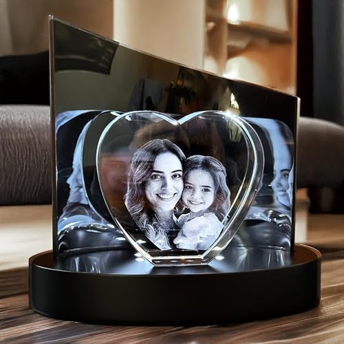 contento – Premium 3D Glasfoto Herz – personalisiertes 3D Laserfoto im Kristallglas – Geschenkidee für Valentinstag, Geburtstag Größe: M 120x130x40 (Glasherz + Clarisso-Leuchtsockel