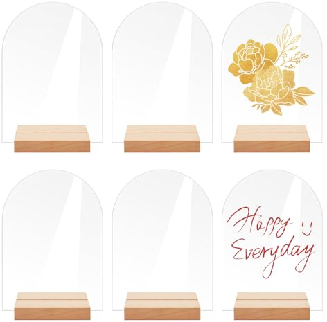 HJYIMYI 6 Pièces Panneaux en Acrylique Transparent, 14 x 10 cm | Panneaux Acryliques en Arc de Cercle, avec Porte-cartes en Bois, pour Numéros de Table, pour anniversaire de mariage, Baptême