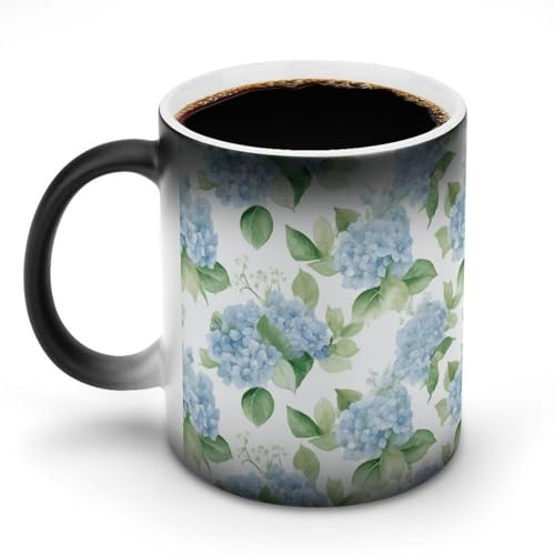 Jubonexis Hydrangea Floral Patter Color Changing Mugs Heat Changing Ceramic Coffee Mug Novelty Funny Tea Water Cup 11OZ