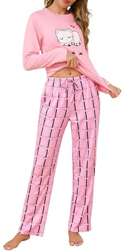 Demegimi Ensemble de Pyjama Femme Hiver Chaud Manches Longues Haut Col Rond avec Motif Chat et Pantalon Long Imprimé Pyjama Femme Coton Toucher Doux Vêtements de Nuit Confort Chic