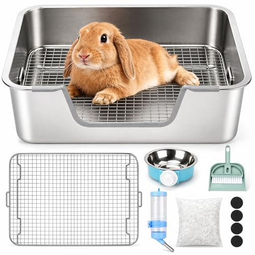 Rypet Large Rabbit Litter Box, Bunny Litter Box High Side with 304 Stainless Steel Sifting Tray, Metal Small Animal Litter Pan with Pet Food Bowl and Water Bottle, Non-Slip Easy to Clean Odor Control