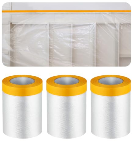 QKJEM Abdeckfolie mit Klebeband 3 Rollen Abklebeband Maler 55 CM X 20 M | Malerkrepp Abklebeband mit Folie Geeignet zum Schutz von Böden Möbeln Türen Fenstern Wänden Bei Renovierungs Malerarbeiten