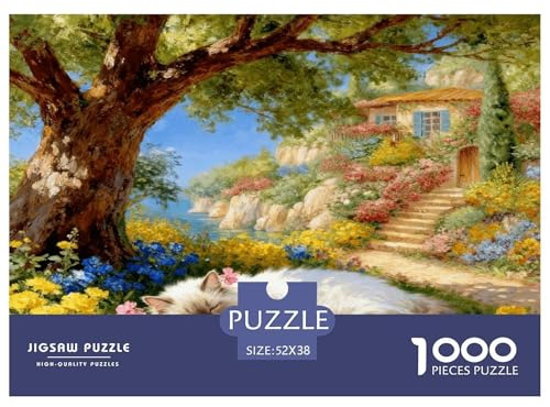 Puzzle Chat Persan Blanc 1000 Pièces pour Adultes Et Enfants, Jeu De Société Convivial, Casse-tête Buisson Fleuri Big Arbre, Home Decor, Cadeau Famille 52x38cm/1000pcs