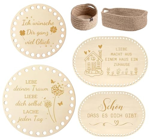 Valyrane 4 Holzplatte für Häkelkorb, 2 runde + 2 ovale Korbboden zum Häkeln, gravierte Holzboden für Häkelkorb, DIY Set für Häkeln & Handarbeiten, Häckel Set als Geschenke für Häkelfans