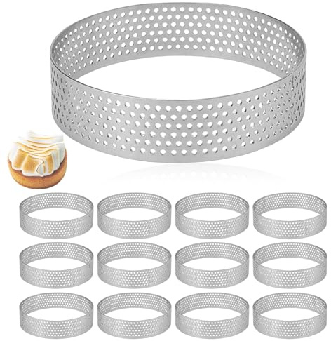 12pcs 8cm Perforated Tart Ring, Non Stick Crumpet Porous Ring Stainless Steel Pastry Baking Rings Round Cake Mousse Mould Circular Tart Rings for Muffins