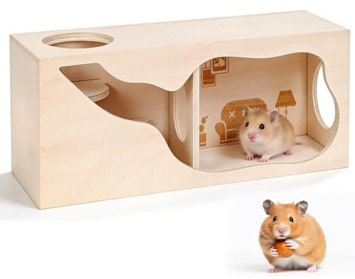 Piashow Hamster Haus aus Holz, Hamsterhaus Mehrkammernhaus Hamster Versteck mit Flachdach und Belüftungslöchern, 30x12x12 cm, Zwerghamster Zubehör für Rennmäuse, Igel, Ratten, Mäuse
