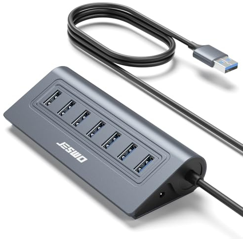JESWO Hub USB 3.0 7 Ports en Aluminium - Multiprise USB 3.0 5Gbps avec Câble 100cm et 5V/4A DC, Adaptateur Multiport pour PC Bureau et Laptop, MacBook, Souris, Clavier, SSD,Disque U etc