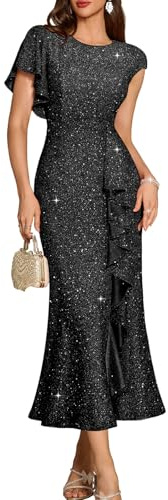 DRESSTELLS Sparkly Cocktail Dress for Women UK Formal Wedding Guest Dresses Mermaid Slit Black Evening Dresses