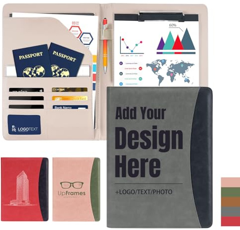 ENOMY Konferenzmappe A4 Leder personalisiert mit Reißverschluss, Dokumentenmappe Schreibmappe Organizer Mappe Portfolio Mappe mit Logo Text Bild für Bewerbung Business Büro Meeting Reise (Grau)