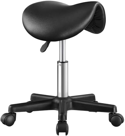 SONGMICS Ergonomic Saddle Stool on Wheels, PU Leather Swivel Salon Chair, Adjustable Height Work Seat with Wheels, 56 x 56 x (45-61) cm,for Beauty, Studio, Lab, Garage, Ink Black, OSC014B101