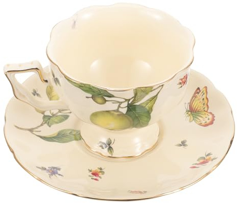 SKISUNO Juego de Taza de Cerámica Vintage con Platillo y Diseño Retro de Mariposas y Flores para Té Tarde Francés o Inglés, Boca Ancha y Construcción Resistente