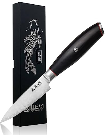 Wusaki Fujiko Black - Couteau d'office 9cm Lame San Mai 3 Couches 10CR au Carbone Manche Pakkawood