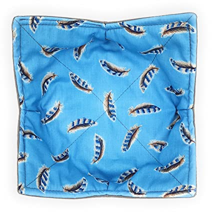Robins Egg Blue Feathers Microwave Bowl Cozy Spring Summer Reversible Microwaveable Potholder Modern Bird Watcher Soup Buddy Holder Chooks Bird Watcher Country Home Handmade Gifts Under 10