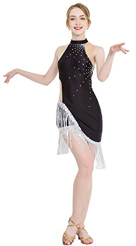 ROYAL SMEELA Abito da Ballo Latino Donne Strass Abito Frange di Paillettes Salsa Tango Sala Costume da Ballo Nero - 5 Dimensioni
