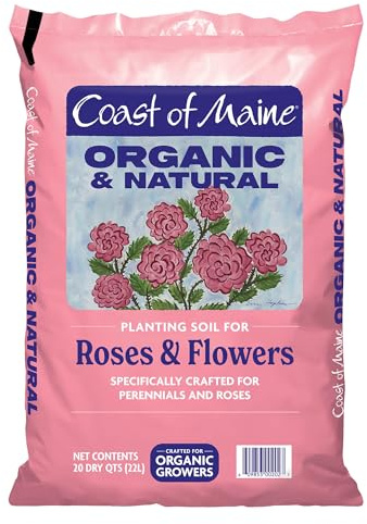 Coast of Maine Organic & Natural Planting Soil for Roses & Flowers - Premium Garden Soil w/Composted Manure, Sphagnum Peat Moss for Multi Use In Ground & Containers - Enhanced Drainage (20 Qt)