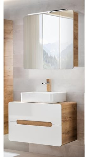 Lomadox Badezimmer Waschplatz Set mit Keramik Aufsatzbecken Hochglanz weiß mit Wotan Eiche Nb. LUTON-56, B/H/T ca. 80/200/46 cm