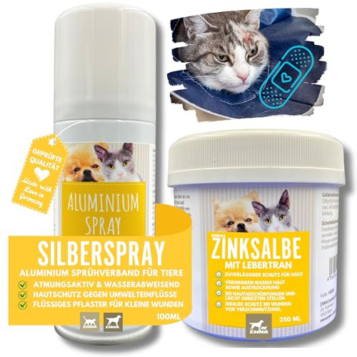 EMMA Erste Hilfe Set Katze Hund – Wundspray & Silberspray + Lebertran Zinksalbe | Zinkoxid Wundsalbe gegen Juckreiz | Wund- & Heilsalbe Tiere | Pfotenschutz Hund | Wundspray Katze Pferd 0,1L + 0,25L