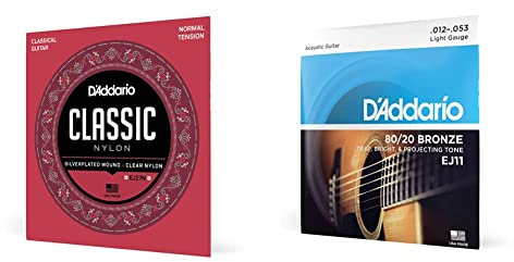 D'Addario Gitarrensaiten Konzertgitarre | Nylon Gitarren Saiten | Nylonsaiten | DER BELIEBTESTEN SAITENMARKE WELTWEIT | EJ27N | & EJ11 Bronze Satz Akustikgitarren-Saiten Light 012' - 053'